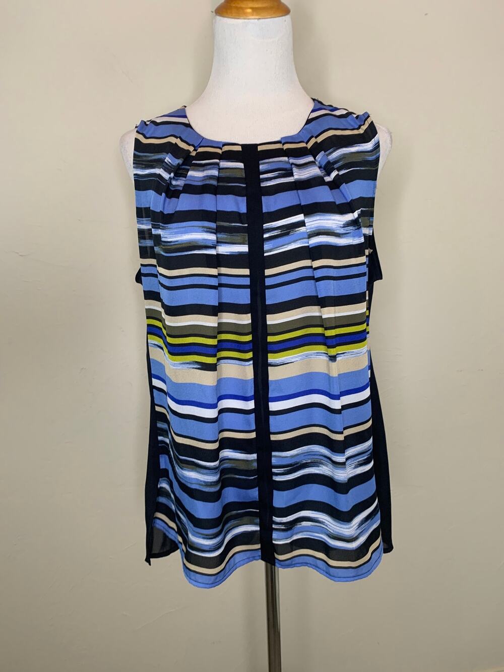 Liz Claiborne Black Blue Blouse Striped Sz Large Career Preppy